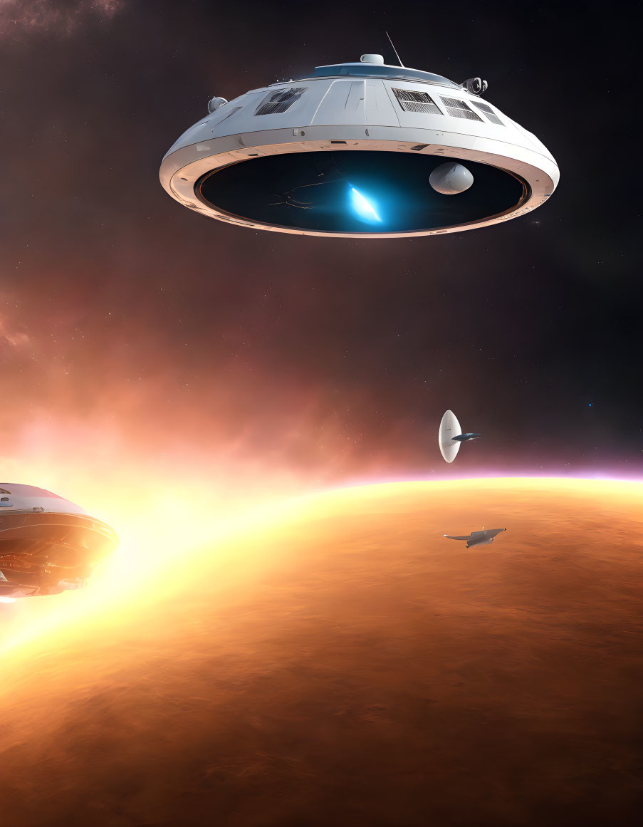 Three Spaceships Approaching Glowing Orange Planet