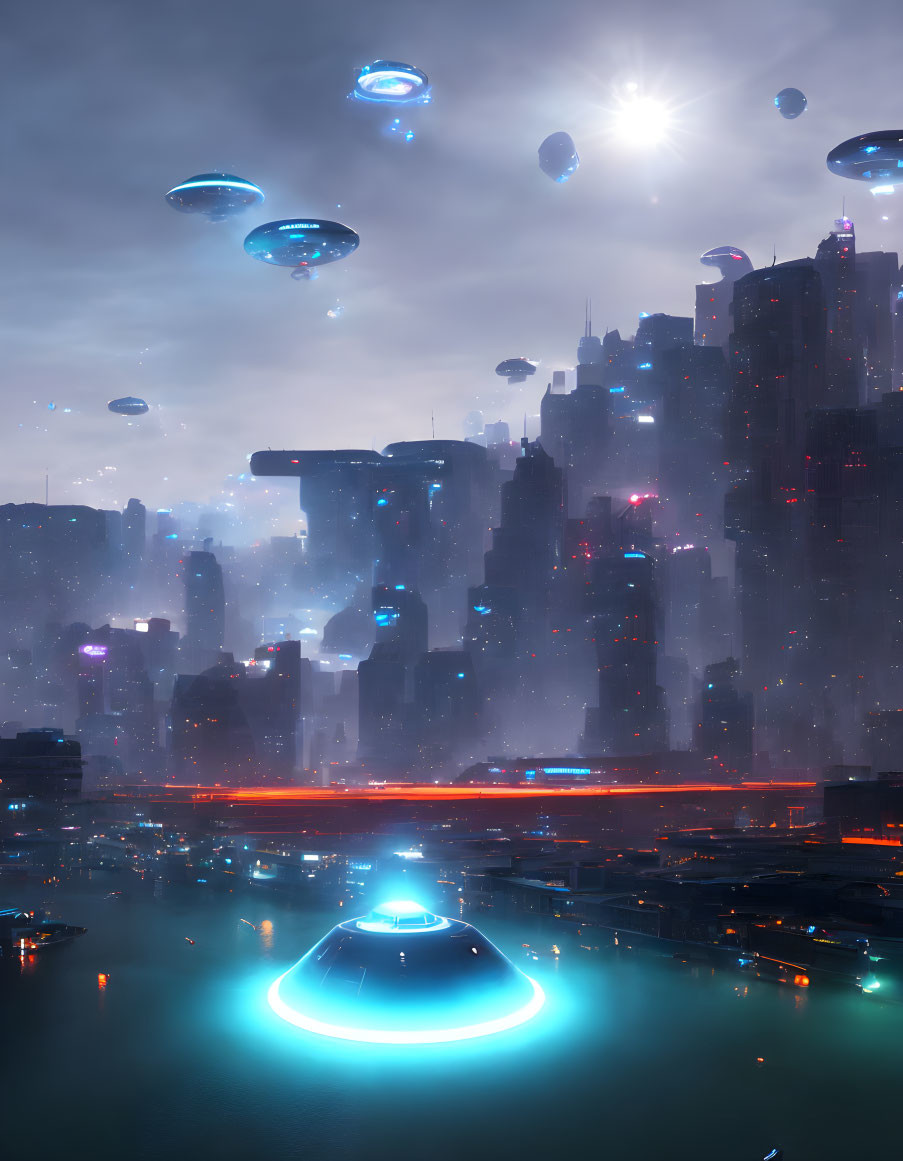 Futuristic cityscape with skyscrapers & flying vehicles at dusk