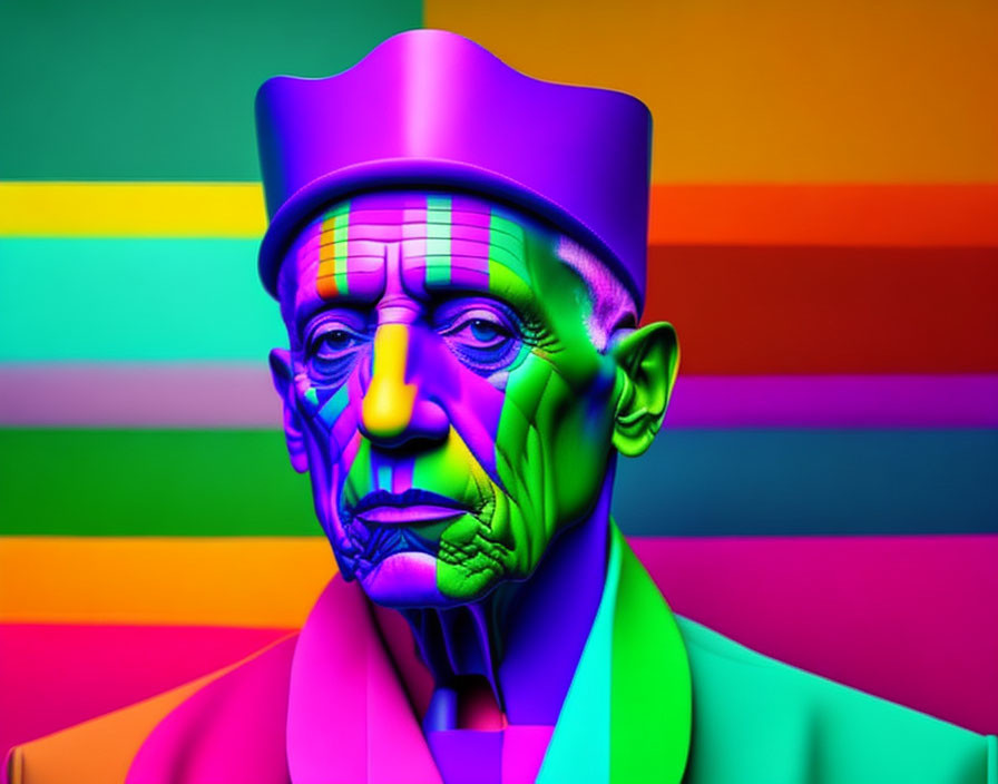 Vibrant digital portrait of a man in stylized outfit on rainbow background