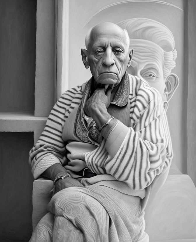 Surreal black and white artwork of elderly man with elongated face and woman in background