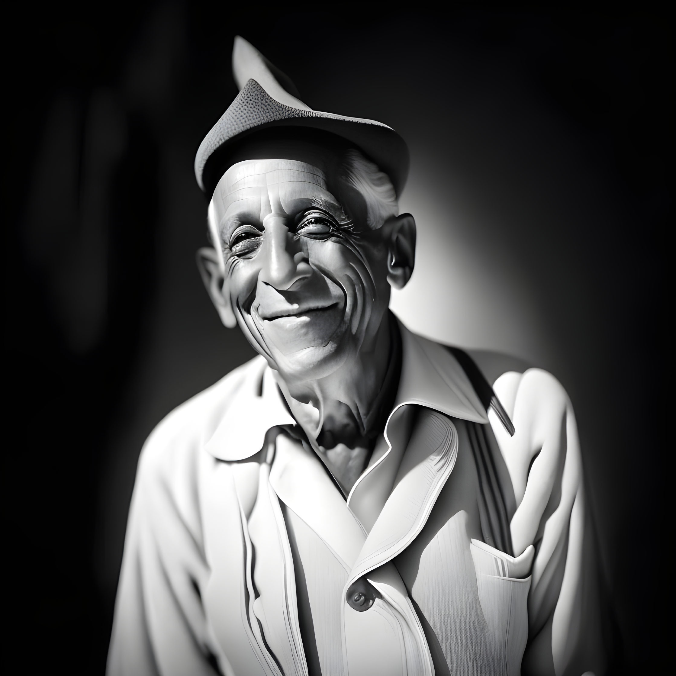 Smiling elderly man in fedora and open-collared shirt