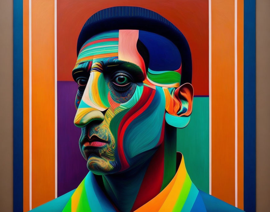 Vibrant geometric patterns on man's face and suit