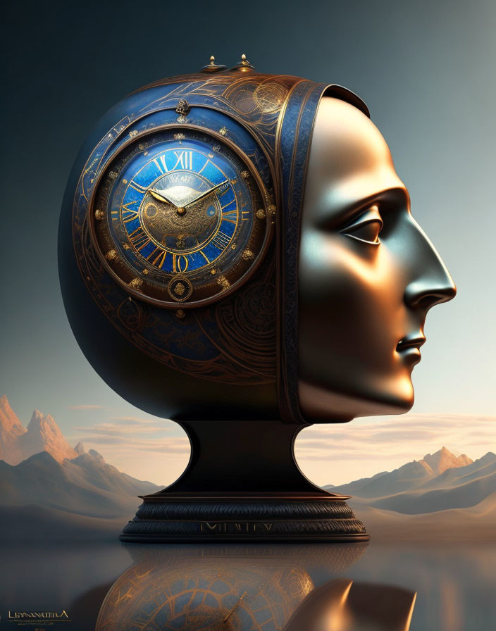 Surreal artwork: bust with clock face and mountains