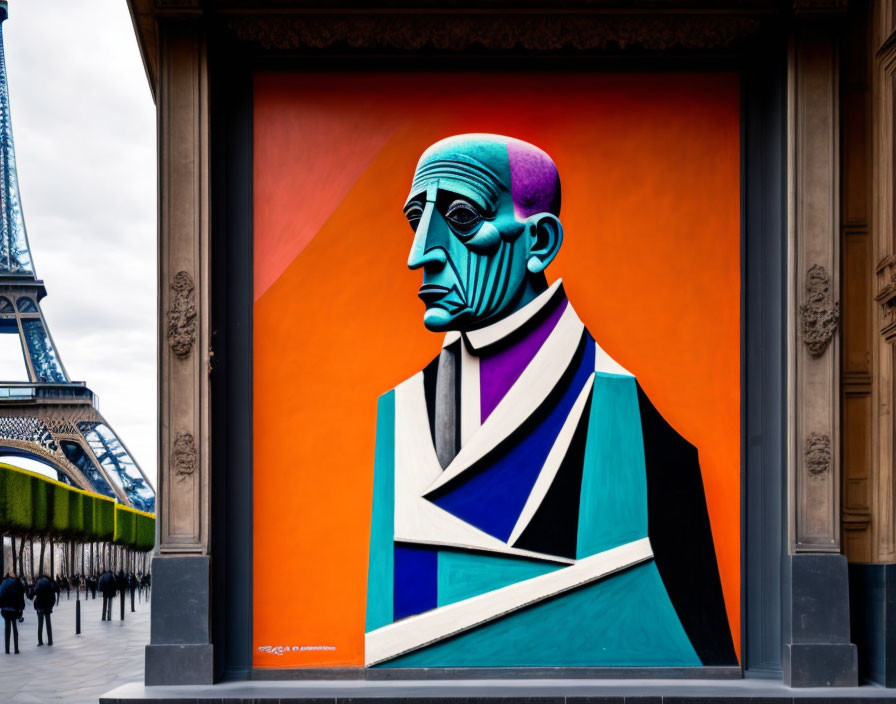 Vibrant geometric mural near Eiffel Tower with man's portrait in bold hues