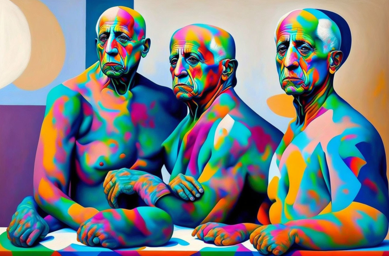 Vibrant portraits of bald man in various poses on abstract backdrop