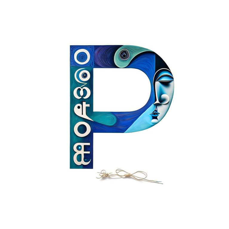 Stylized blue "P" with intricate patterns and serene face design