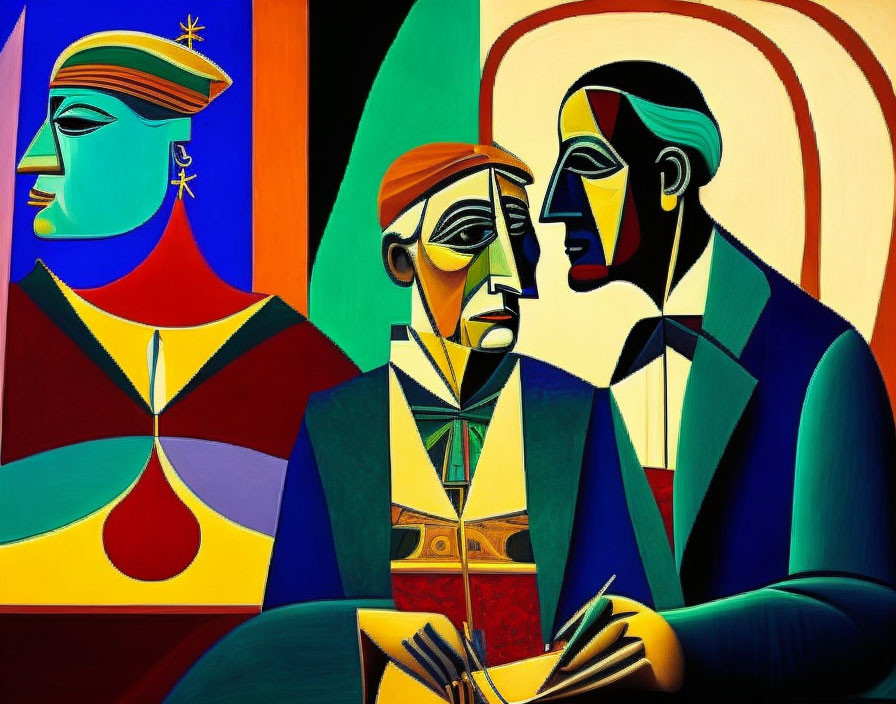 Abstract Cubist Painting with Three Geometric Figures