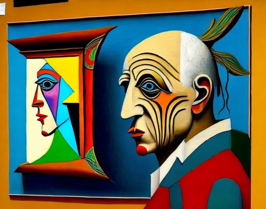 Colorful Cubist Painting of Man and Woman in Profile