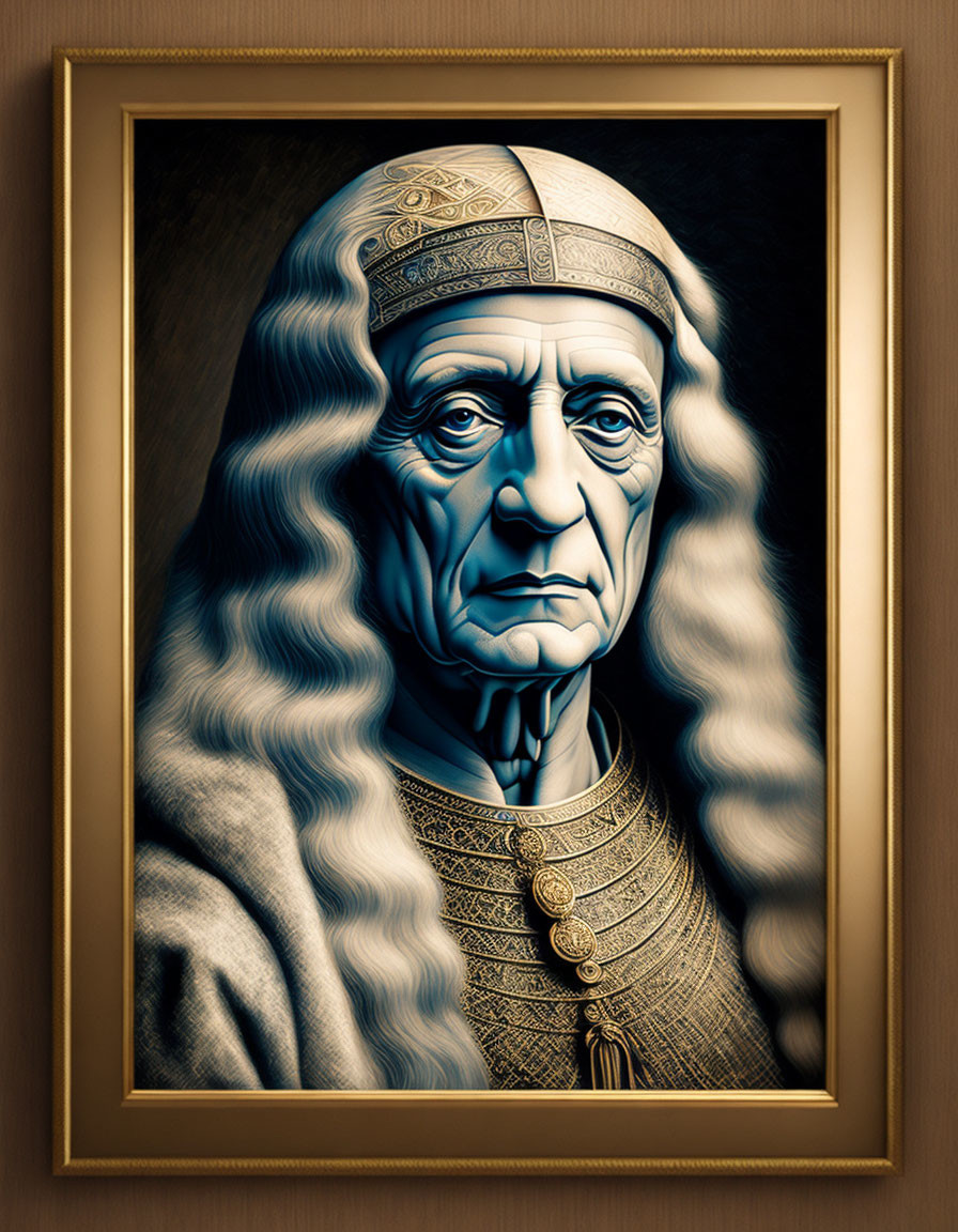 Elderly man in bishop's attire, gold-framed portrait on wood background