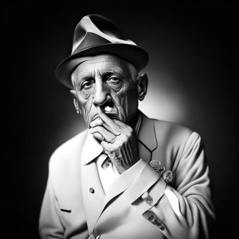 Elderly man in hat and suit smoking cigarette on dark background