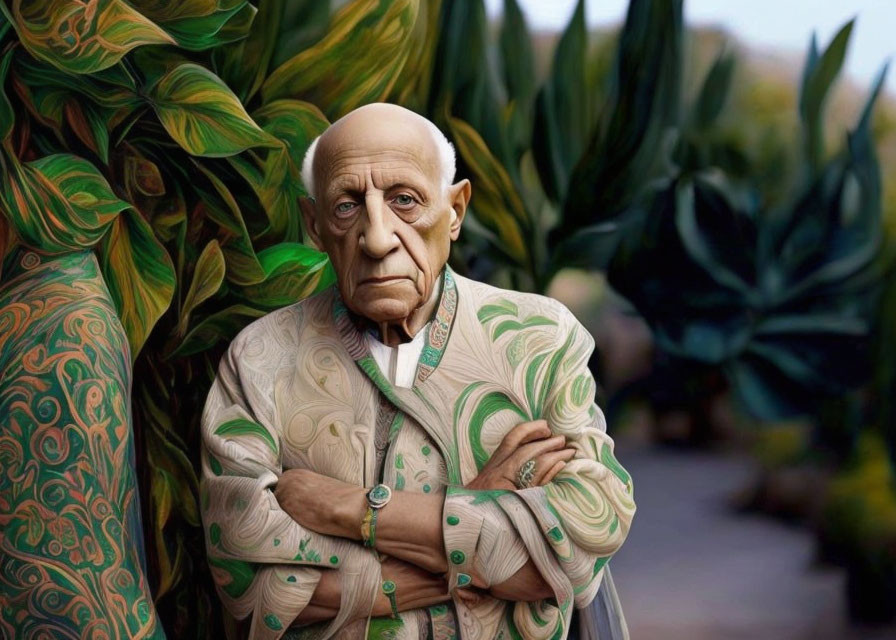 Elderly person in paisley shirt with stern expression among green foliage