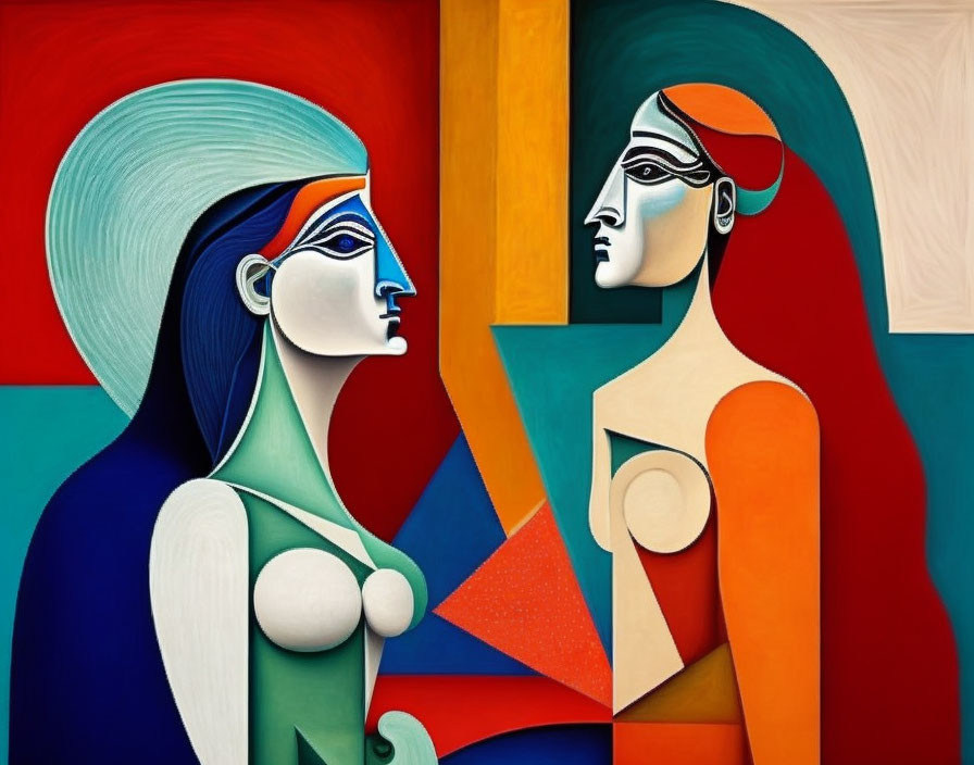 Vibrant abstract cubist painting of two stylized female figures with bold geometric shapes.