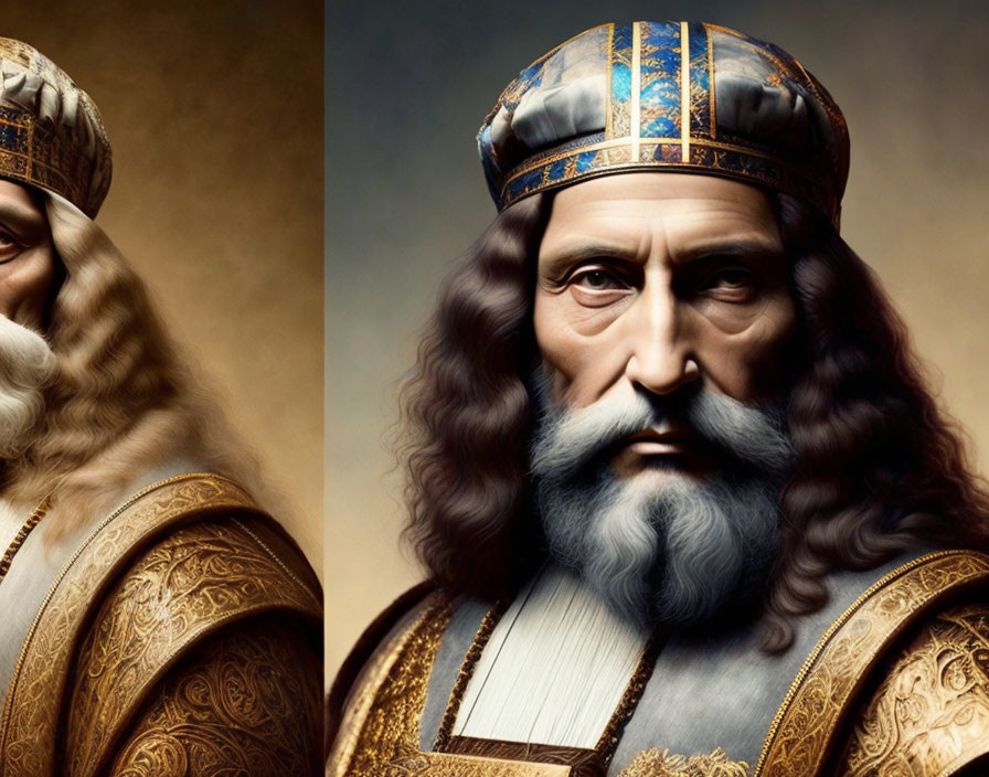 Regal bearded monarch in golden crown and blue attire.