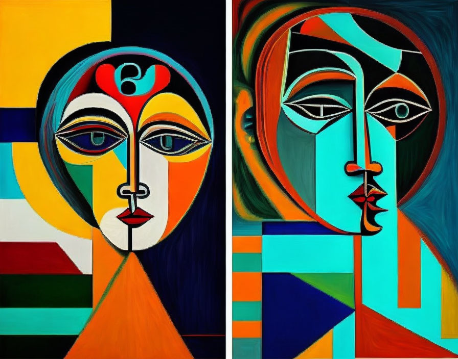 Colorful Cubist-style Painting of Two Faces with Geometric Shapes