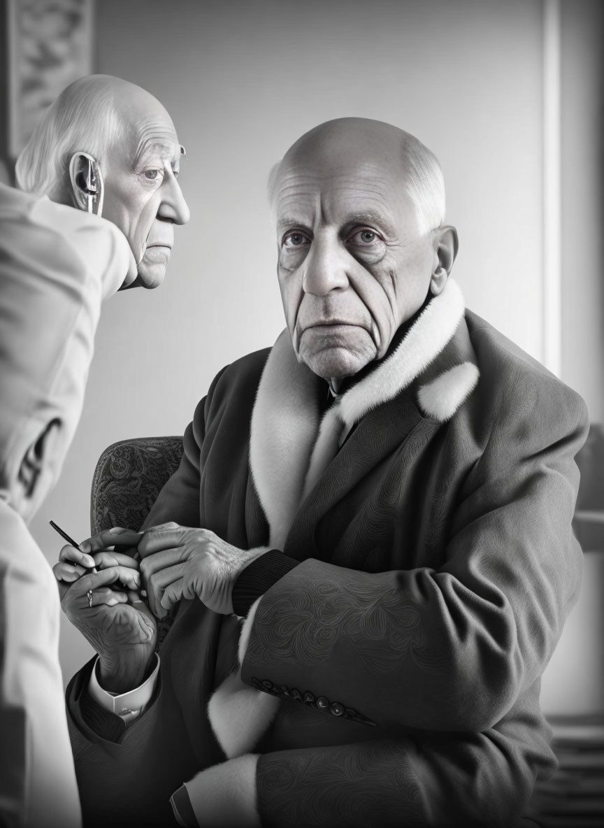 Elderly man in fur collar coat seated with reflection of another figure