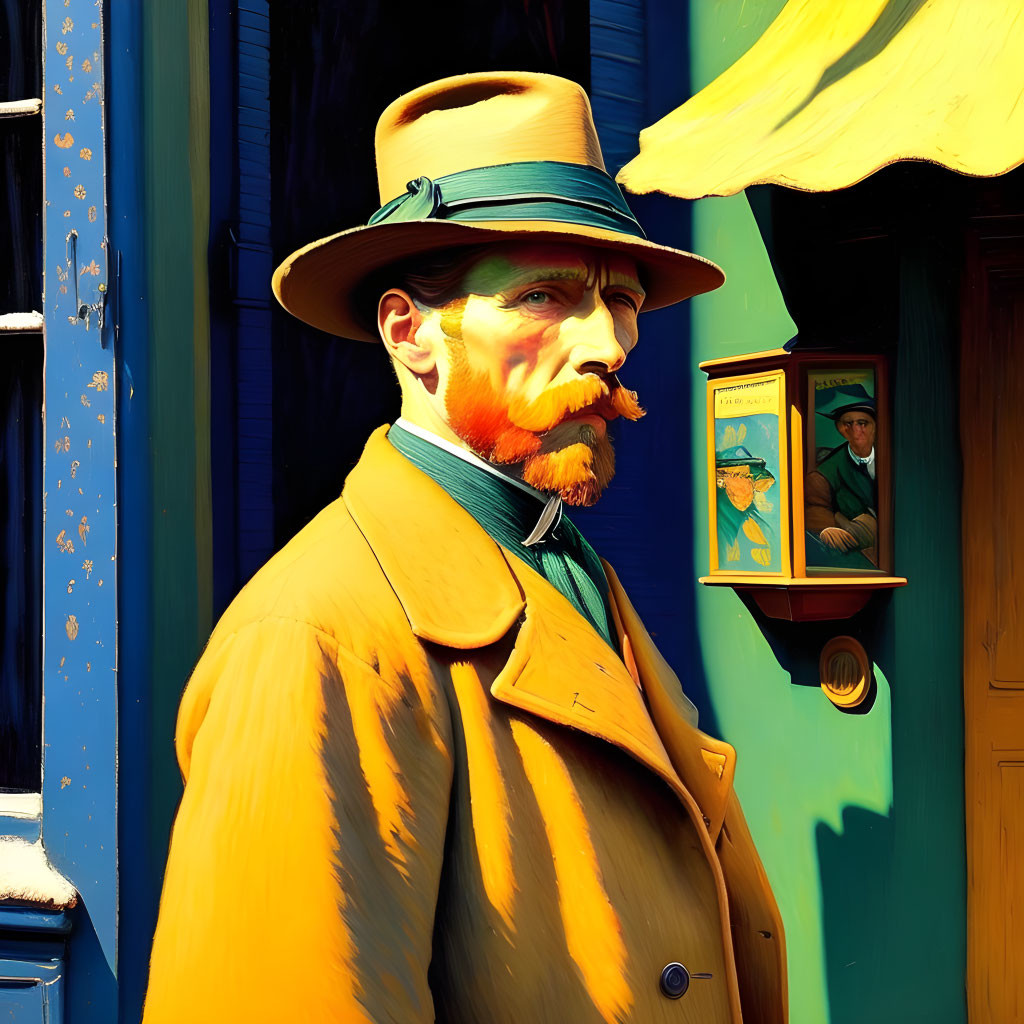 Stylized artwork of a man with a mustache in green attire by a blue door