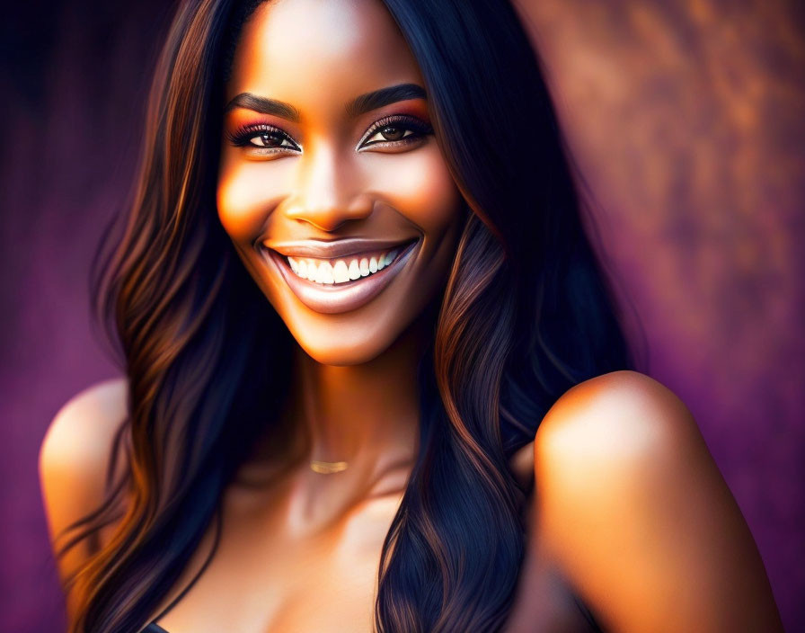 Digital artwork featuring woman with radiant smile and dark hair on purple background