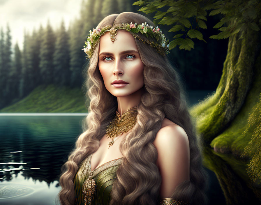 Ethereal woman with wavy hair in floral crown by forest lake