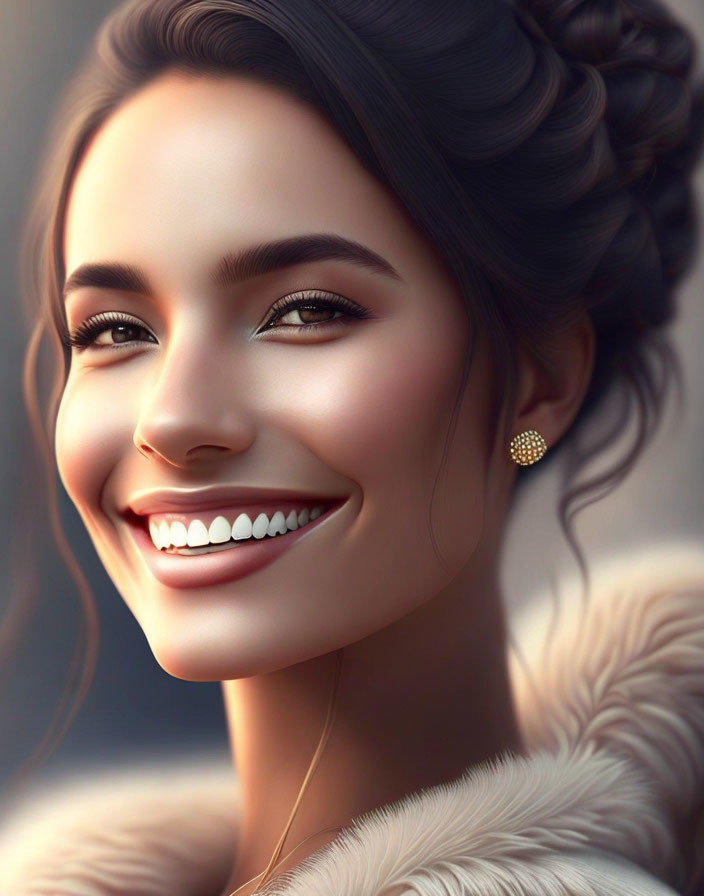 Smiling woman in fur coat with formal hairstyle