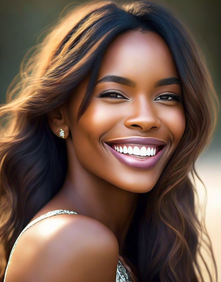 Smiling woman with long hair and sparkly attire