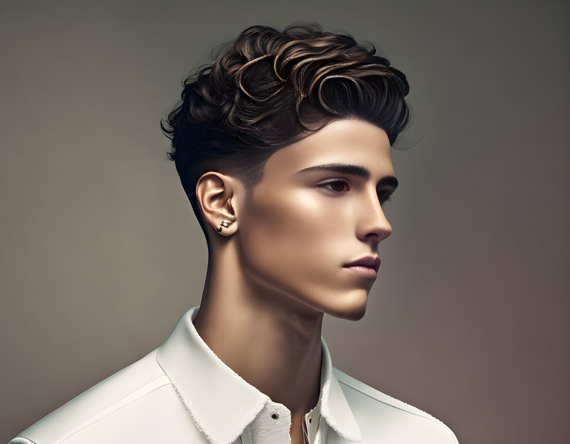 Stylish side profile of person with wavy hair and earring against neutral background