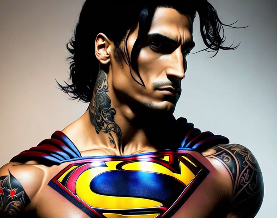 Muscular Superman with tattoos and logo illustration