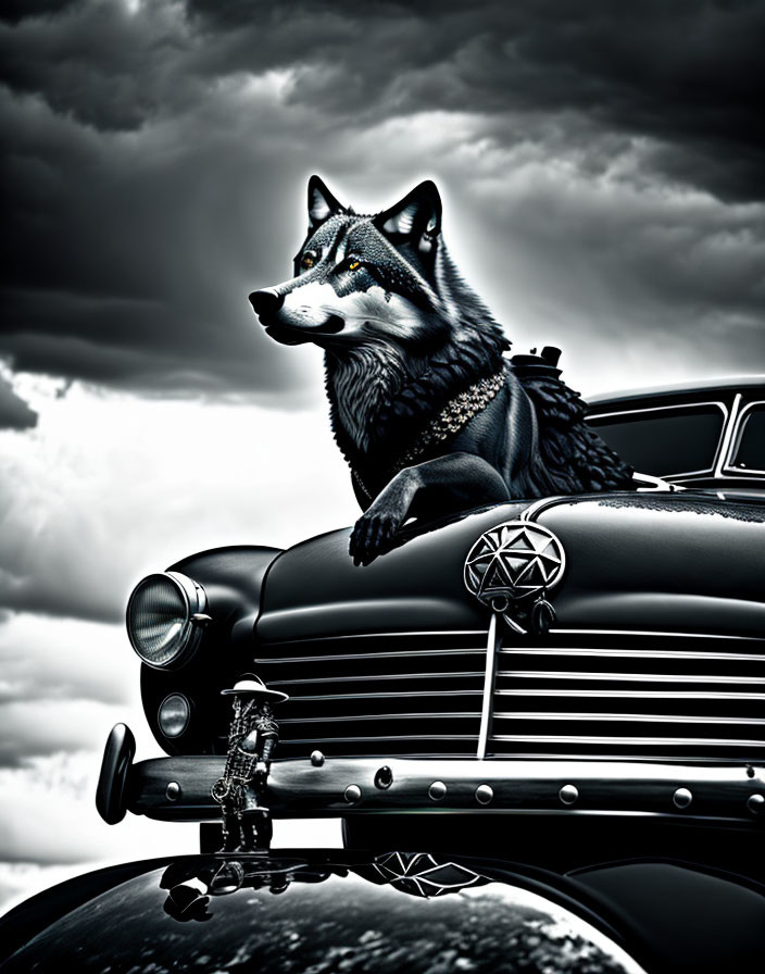 Husky with studded collar on classic car under dramatic sky