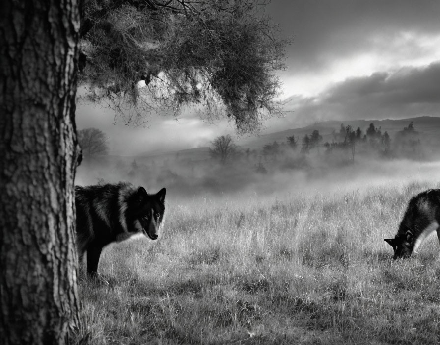 Monochromatic misty field with two dogs and hilly backdrop