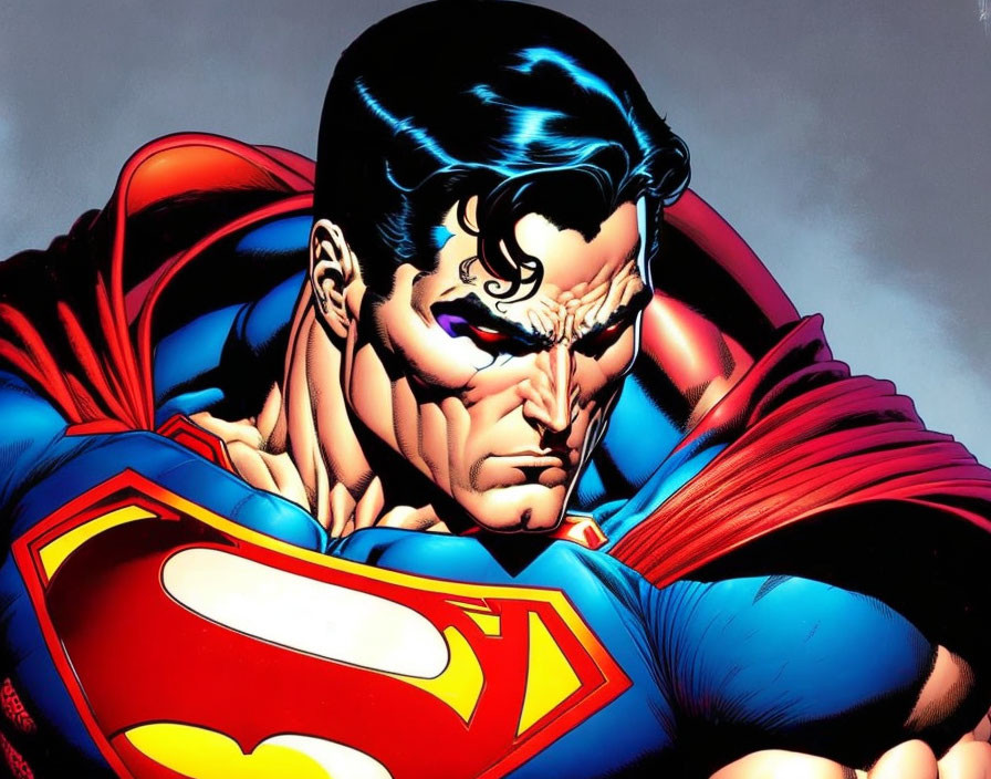 Superman illustration with stern expression and iconic suit and cape.