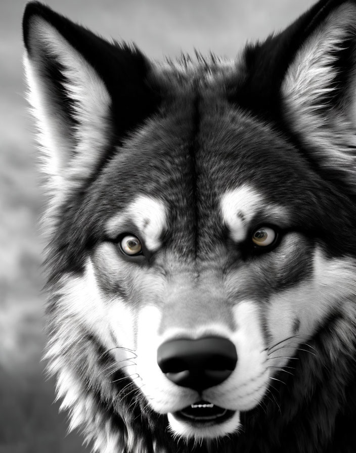 Detailed Black and White Wolf Close-Up with Piercing Eyes and Fur Texture