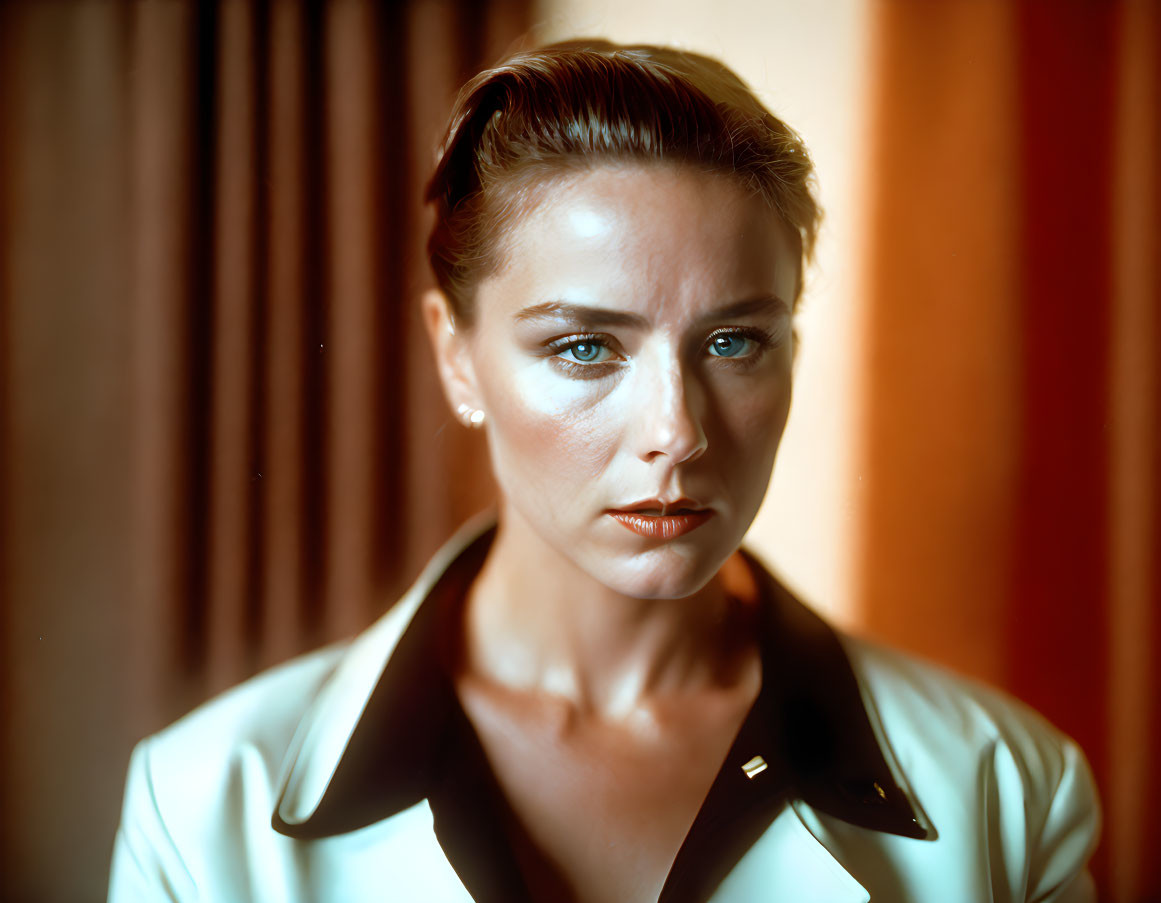 Solemn woman in styled hair and white shirt in warm-toned room