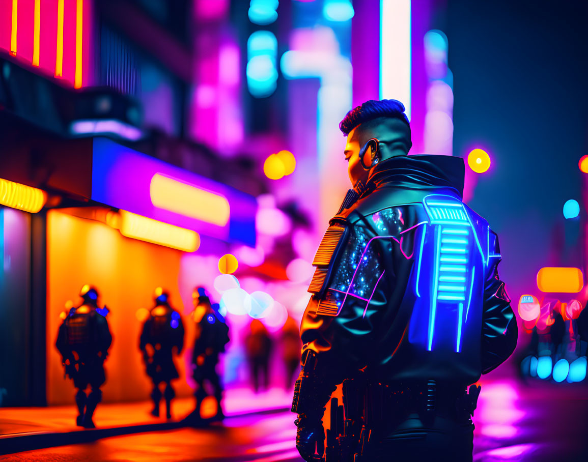 Futuristic illuminated armor on urban street at night