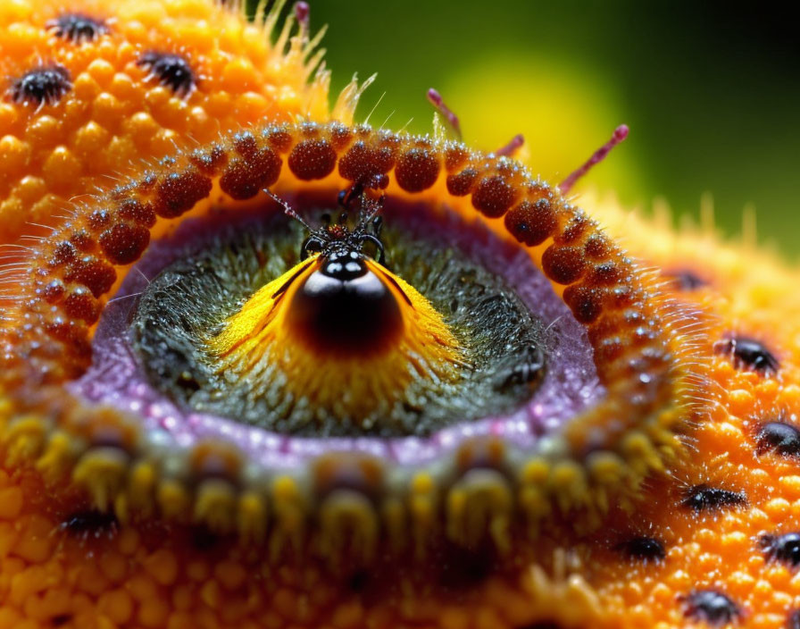 Detailed Close-Up of Vibrant Flower with Black and Yellow Center surrounded by Purple and Orange Textures