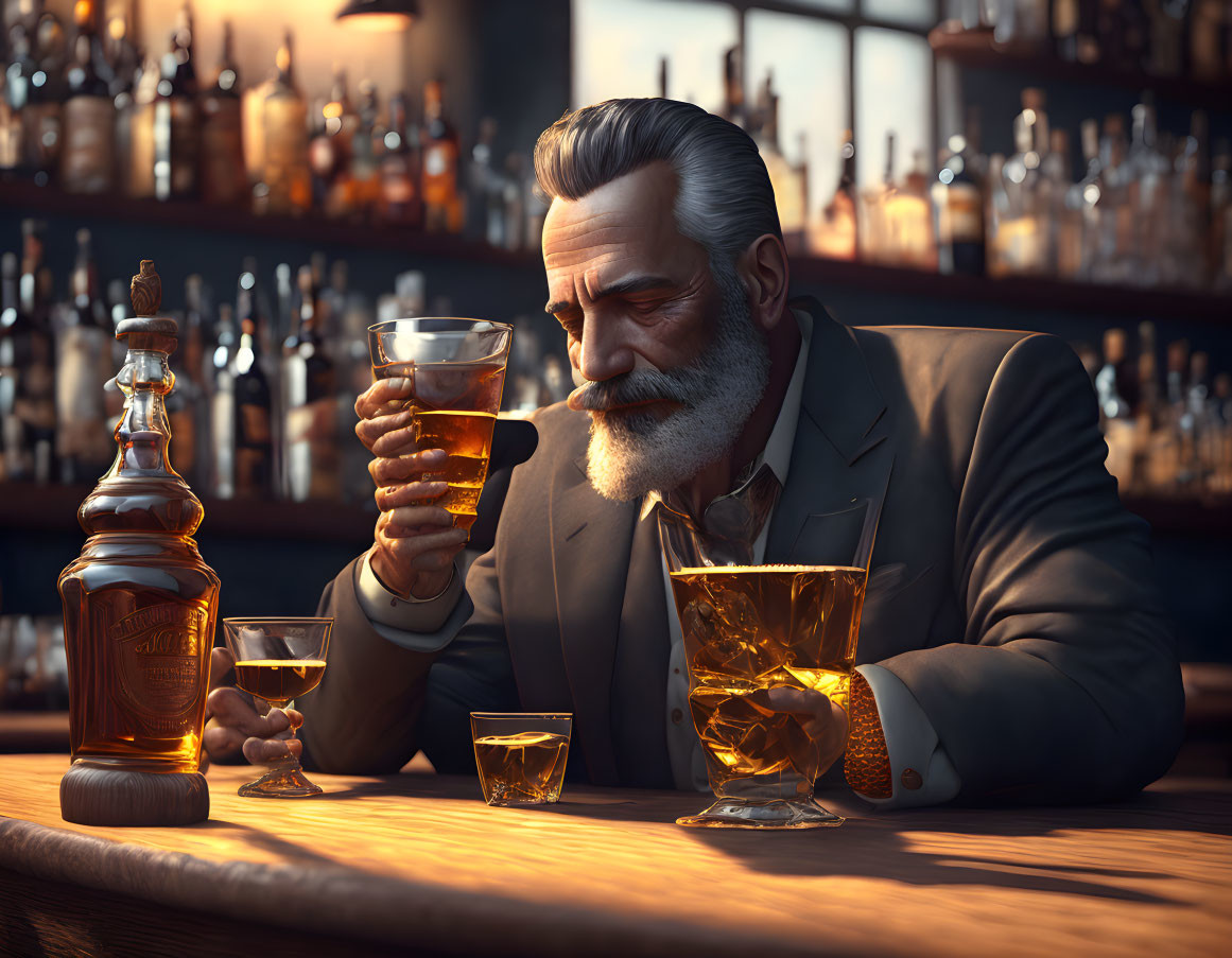 Elderly gentleman in elegant attire drinking whiskey at bar counter