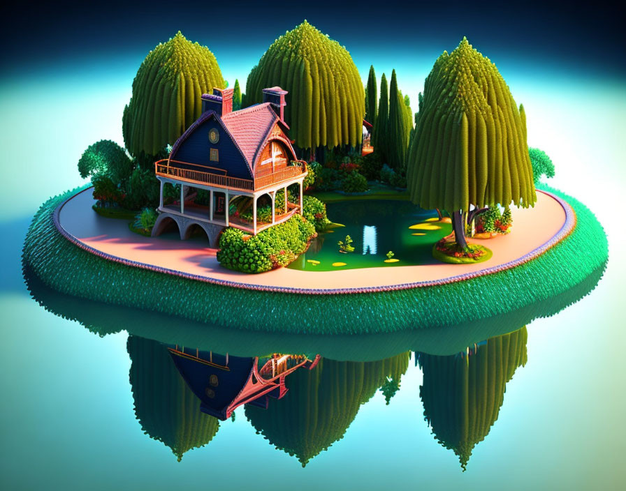 Illustration of idyllic floating island with cozy house and lush greenery