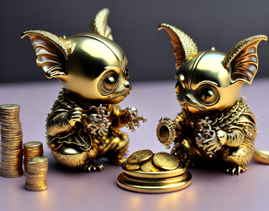 Golden Fantasy Creatures with Large Eyes and Bat-Like Ears Beside Coin Stacks