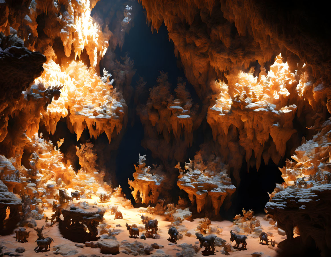 Mystical illuminated cavern with golden stalactites and stalagmites