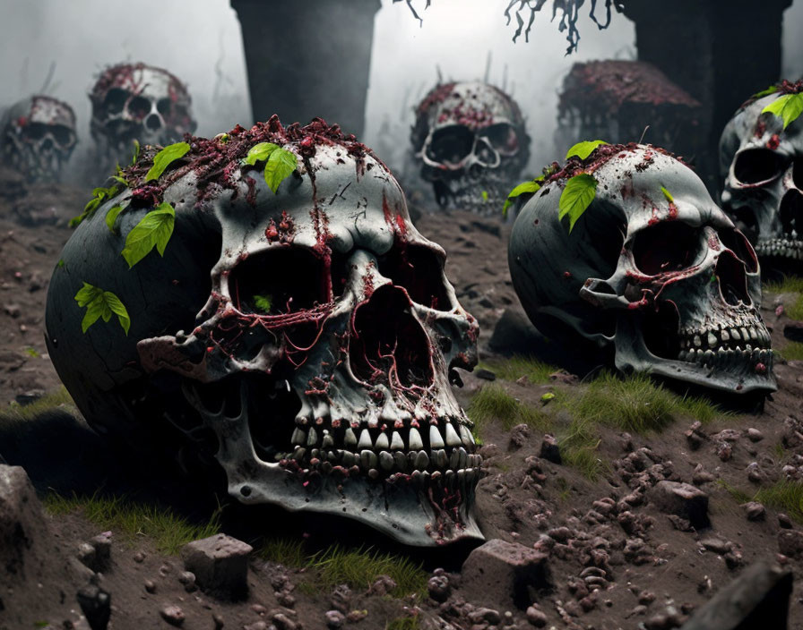 Three large human skulls with red liquid and green leaves in misty environment