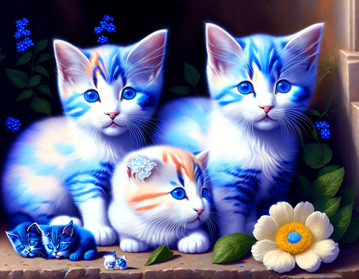 Three colorful kittens with blue eyes in a floral setting with a small butterfly.