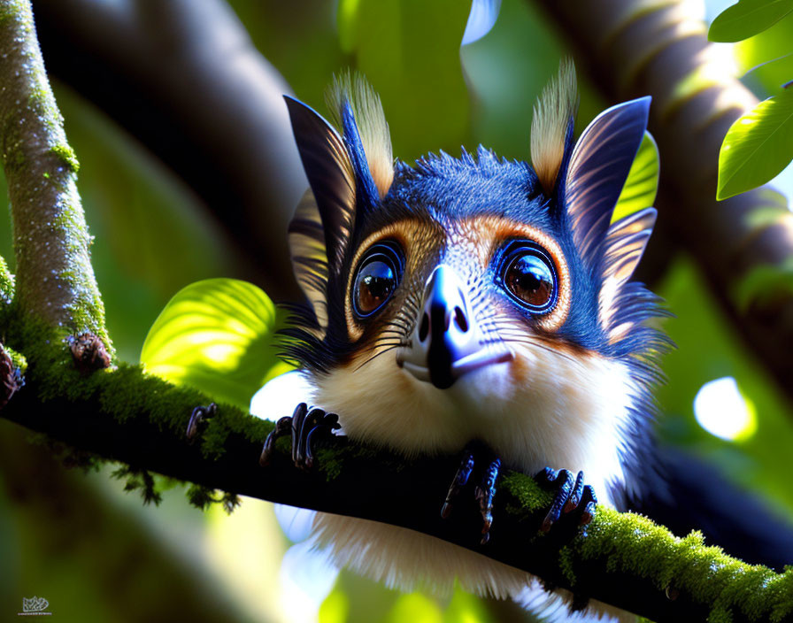 Fantastical creature with big blue eyes in lush greenery