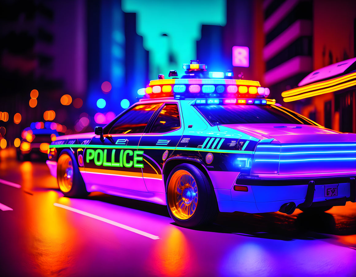 Vibrant city street at dusk with neon-lit police car