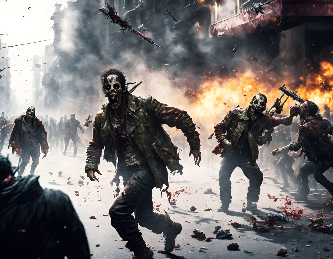 Apocalyptic zombie outbreak with fiery explosions and helicopters.