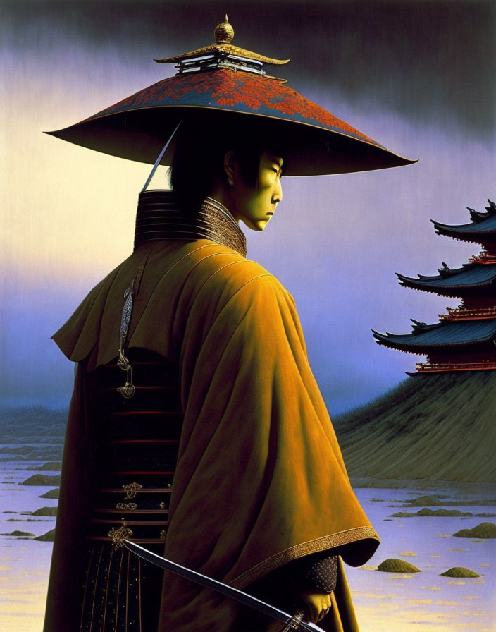 Stylized painting of samurai in traditional armor and hat against pagoda backdrop