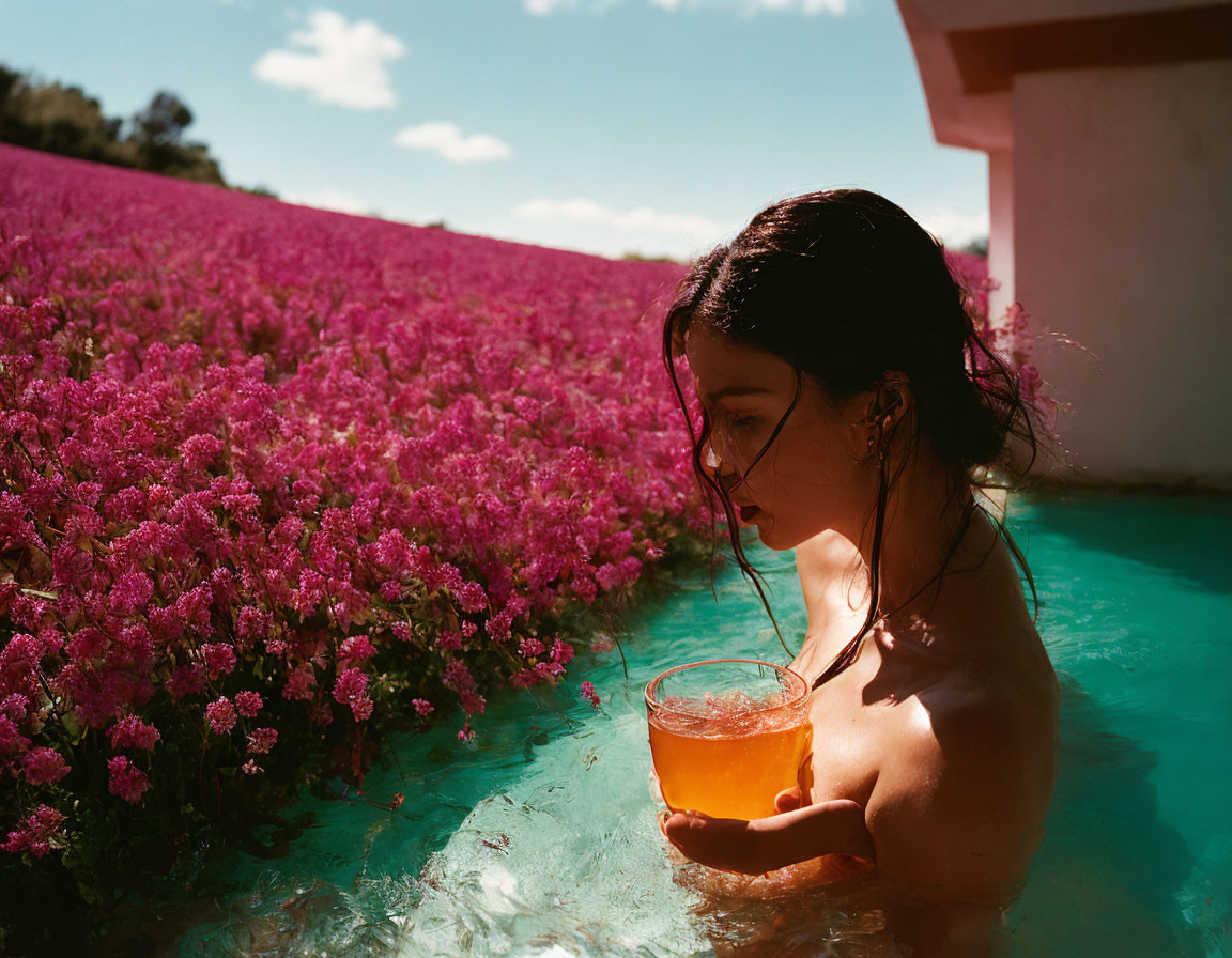 Woman relaxing in pool by vibrant pink flower field under clear blue sky