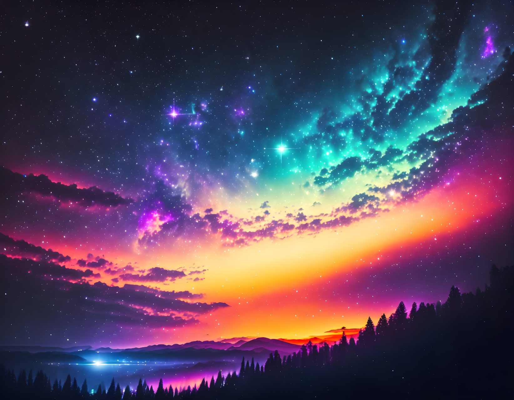 Colorful sunset digital art: galaxy sky, forest silhouette