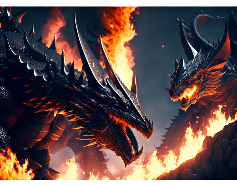 Two dragons in fiery confrontation amidst flames in landscape.