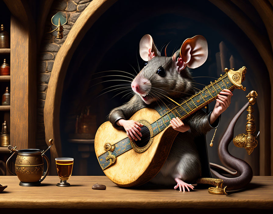 Anthropomorphic mouse playing lute in cozy room with books, candle, and drink