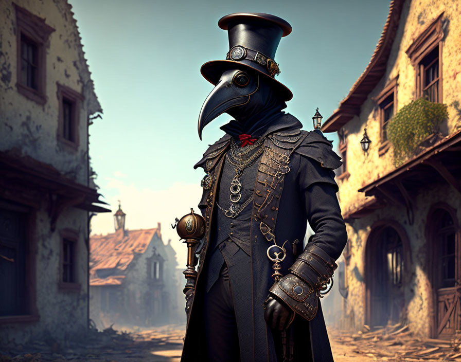 Victorian figure in plague doctor mask with top hat and cane in cobblestoned alley