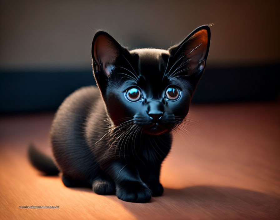 Sleek black kitten with blue eyes in warm light