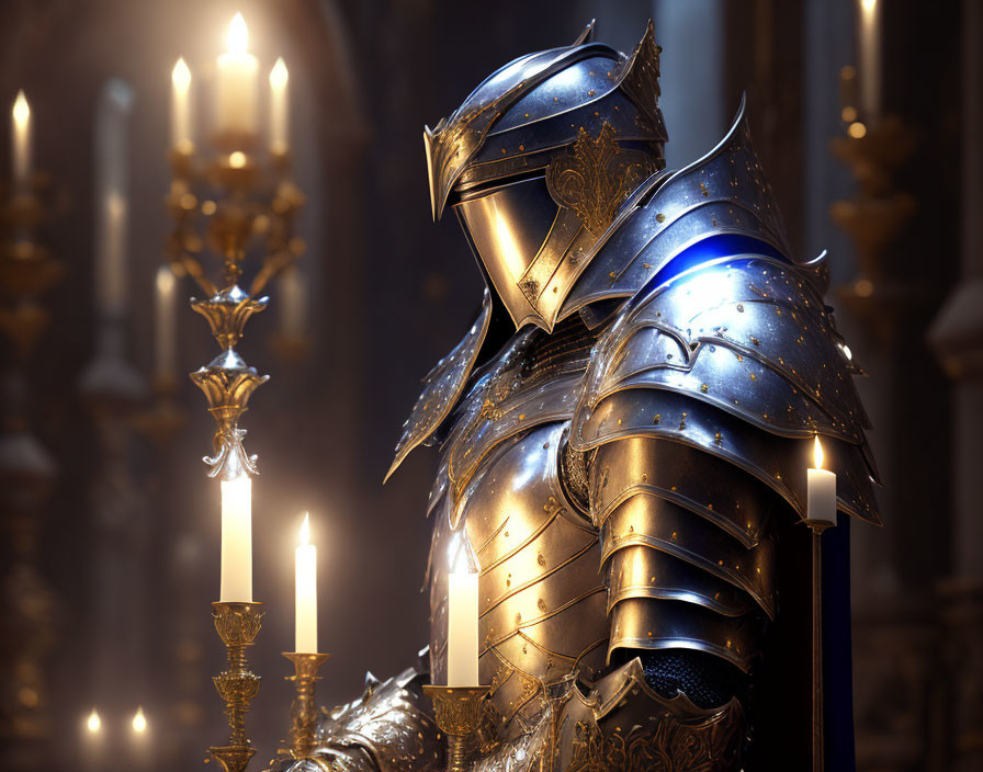 Knight in shining armor standing by lit candles in grand hall